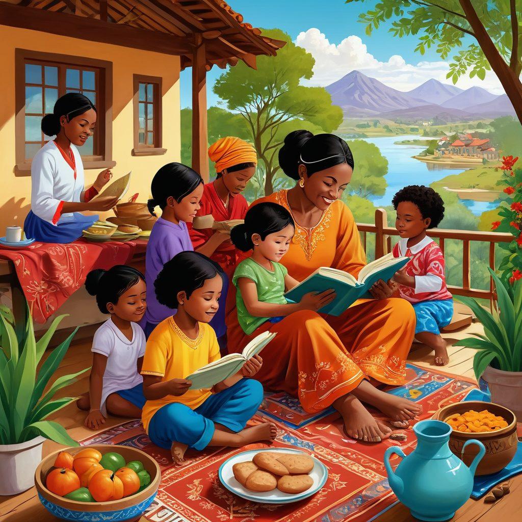 A warm, inviting scene showcasing diverse mothers from around the world joyfully engaging with their children in various activities, such as reading, playing, and cooking. The background should include elements symbolizing different cultures, such as traditional clothing, artifacts, and landscapes. The image should evoke emotions of love, warmth, and community. vibrant colors. vector art.