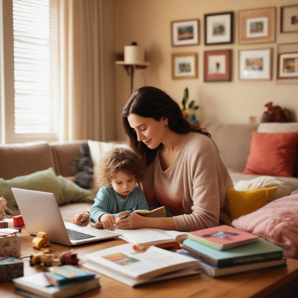 A nurturing mother envelops her child in a warm embrace amid a bustling home filled with toys and books, symbolizing the balance of care and multitasking. Intricate details such as a to-do list on the refrigerator and a laptop on the kitchen counter depict the multifaceted roles of modern motherhood. Soft, inviting colors create a cozy and relatable atmosphere. super-realistic. vibrant colors.